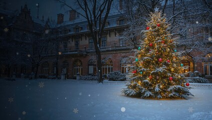 Obraz premium Festively adorned New Year tree in a park setting highlighting holiday decor, New Year celebration