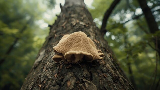 Detailed view of a textured fungus on a tree trunk, highlighting ecological role in nutrient cycling