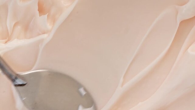 Cosmetic Smears of Creamy Texture with a Spatula, Cosmetic Skin Cream, Face Mask close-up. Concealer, Gel Fluid, Makeup Brush. Beauty Skincare Product Sample. High quality 4k footage