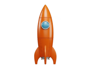 Vibrant orange rocket with blue window isolated on transparent background
