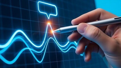 Hand interacting with futuristic data visualization on grid screen with glowing lines