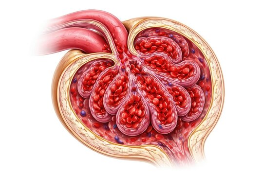Renal glomerulus illustration highlighting severe capillary blood congestion