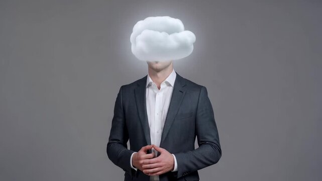 Businessman in formal suit with white cloud instead of head standing against clean gray background, minimalistic lighting and neutral space. Concept of abstract thinking and cloud technology