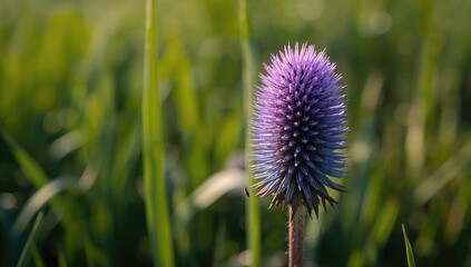 Macro image of a purple teasel seed head with spines and tiny blooms, highlighting plant identification and ecological impact, Earth Day