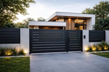 Obraz premium Contemporary minimalist fencing system with gate and stylish house exterior for security