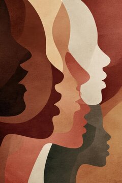 Overlapping profiles of people facing right, rendered as layered silhouettes in warm earth tones. Concept Overlapping silhouettes, Profiles facing right, Layered portraits, Warm earth tones