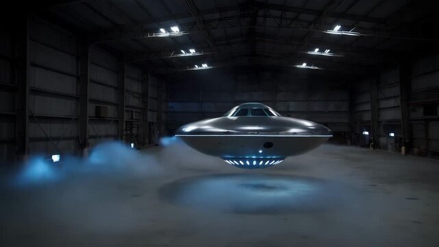UFO spacecraft hovering inside dark hangar with mist and dramatic lighting, metallic alien technology and mysterious atmosphere. Concept of extraterrestrial presence