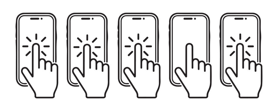 Five different line art icons of hand touching smartphone screen representing touch interaction