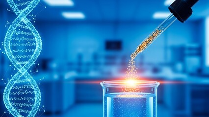Scientist pouring glowing particles into beaker in modern lab with DNA helix