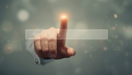 Hand interacting with a search bar on a digital interface with text, retro filter applied