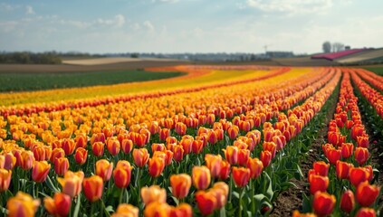 Fototapeta premium Colorful tulip field showcasing natural beauty and seasonal growth, ideal for landscape backgrounds, springtime, Earth Day