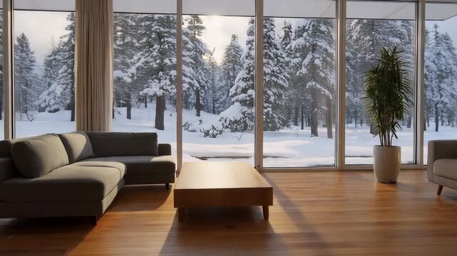 Cozy modern living room interior with panoramic window overlooking snowy pine forest, soft natural light, warm wooden floor and minimal furniture. Concept of winter comfort and solitude
