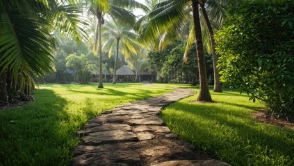 Tropical garden walkway in a resort used as a layout background for travel and leisure visuals
