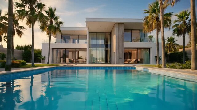 Modern luxury villa with swimming pool and panoramic glass facade surrounded by palm trees under bright daylight, clean architectural lines and calm reflections in water. Concept of premium real estat