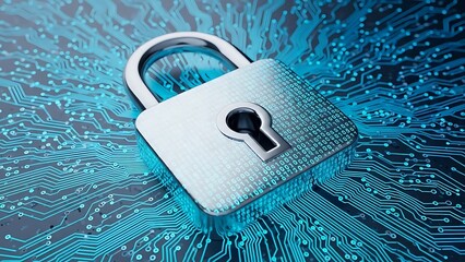 Secure digital padlock on circuit board background with binary code