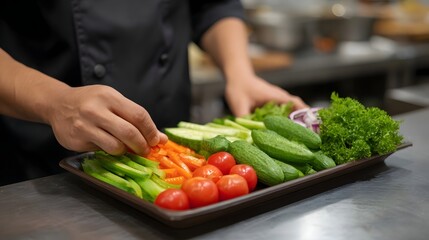 A chef arranges a vibrant platter of fresh cut vegetables in a professional kitchen setting