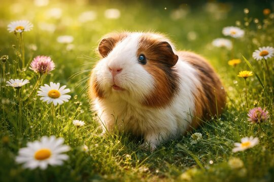 Energetic guinea pig exploring lush green grass lawn decorated with chamomile and wildflowers on summer day