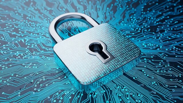 Secure digital padlock on circuit board background with binary code - Powered by Adobe