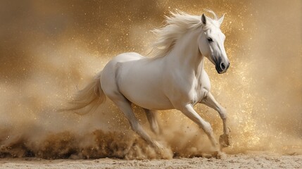 A white horse symbolizes digital marketing growth and limitless potential in business, galloping with speed and power through golden sands.