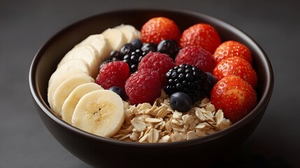 A healthy breakfast bowl filled with oatmeal topped with fresh strawberries raspberries blackberries blueberries and sliced bananas
