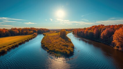 Autumn scenery featuring a clear blue sky and flowing river, highlighting seasonal landscape and environmental preservation
