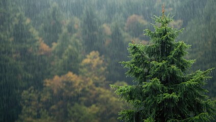 Rain falling on pine trees in a lush forest, illustrating weather effects on vegetation