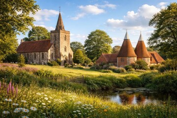 Tranquil countryside view showcasing an old church and traditional oast buildings under a bright sky