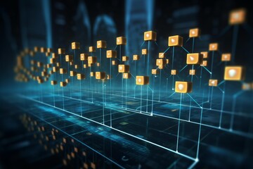 Digital blockchain network with connected data blocks representing decentralized technology