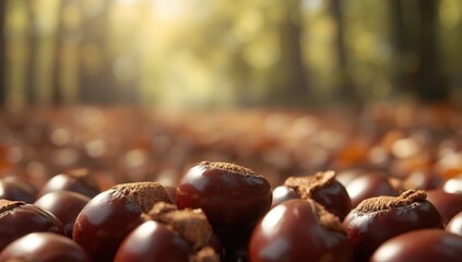 Chestnut, a glossy brown nut used for roasting and consumption, highlighting its culinary use and texture