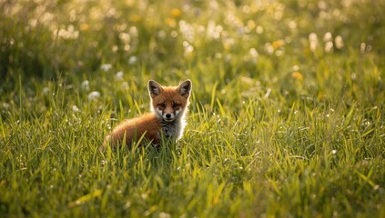 Obraz premium Young red fox exploring a grassy meadow in spring, highlighting animal activity in nature, World Wildlife Day