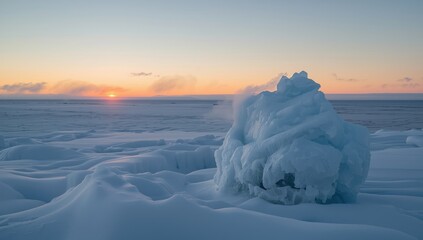 Frozen sea with ice hummocks under sunset, illustrating extreme cold conditions for winter safety campaigns