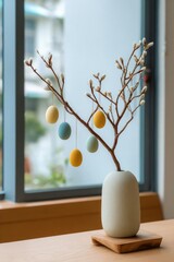Fototapeta premium Pastel Easter eggs hang from a bare branch placed in a pale ceramic vase on a wooden table. Concept Pastel Easter Eggs, Bare Branch Still Life, Pale Ceramic Vase, Spring Decor on Wooden Table