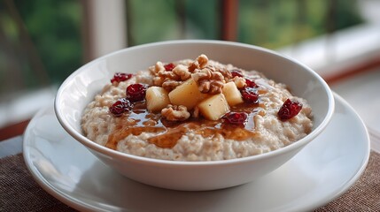 A delicious bowl of oatmeal topped with nuts dried cranberries diced s and a sweet honey drizzle