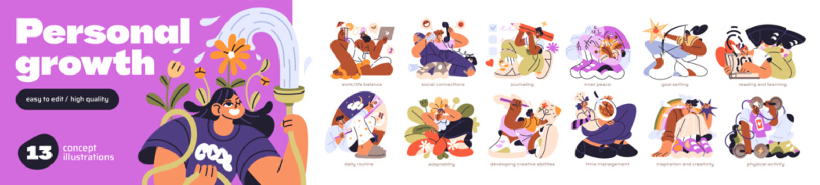 Personal growth set. Concepts of self care, development, improvement of skills and abilities. Work and life balance, awareness, learning and mental health. Flat isolated vector illustrations on white