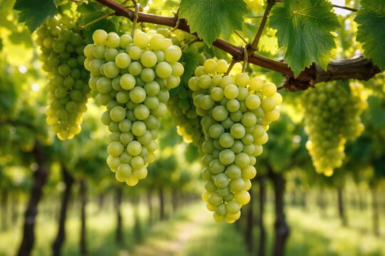 Focused image capturing green grape bunches ripening on vine in a thriving vineyard environment