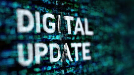 The Digital Update Text on a Pixelated Blue Green LED Screen Showing Technology Concept