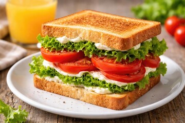 Tasty breakfast sandwich made of golden toasted bread creamy cheese juicy tomatoes and green lettuce with fresh orange juice in the background