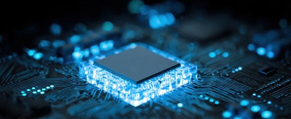 The Microchip Illuminated on a Futuristic Blue Circuit Board Evoking Advanced Technology