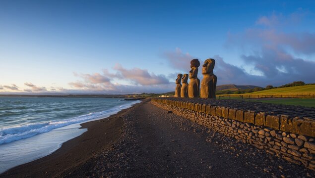 Easter Island Moai sculptures aligned in a row, highlighting archaeological site stability