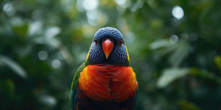 Brightly colored lorikeet featuring a blue crown and red breast, suitable for nature-themed layouts or educational materials