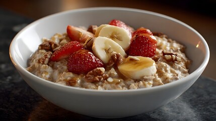 Healthy breakfast oatmeal topped with strawberries bananas walnuts and honey served in a white bowl