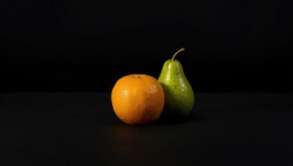 Fresh orange and pear placed on a dark table, emphasizing colorful fruit arrangement for healthy eating