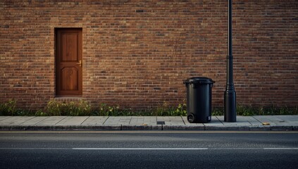 Black dustbin attached to street light pole on sidewalk, serving waste disposal in urban environment, World Environment Day