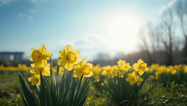 Field of cultivated yellow daffodils in full bloom in a spring garden, used as a nature background for layout