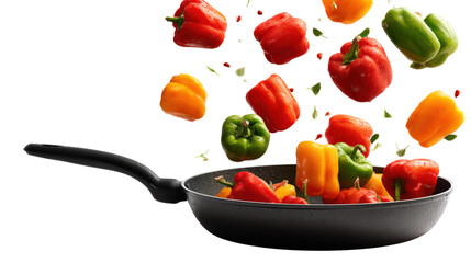 Fresh bell peppers falling into frying pan isolated on transparent background photography