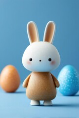 Obraz premium A cute wooden bunny figurine with pastel Easter eggs in the background. Concept Wooden bunny figurine, Pastel Easter eggs, Springtime decor, Whimsical Easter props, Cozy studio setup
