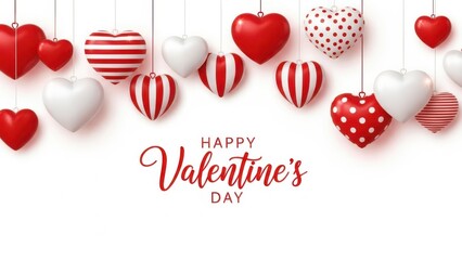Happy valentines day greeting card with red and white hearts on white background