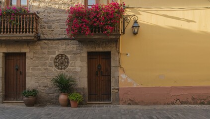 Fototapeta premium Narrow alley in an old city district with historic stone buildings and floral balcony, suited for heritage preservation projects, Earth Day