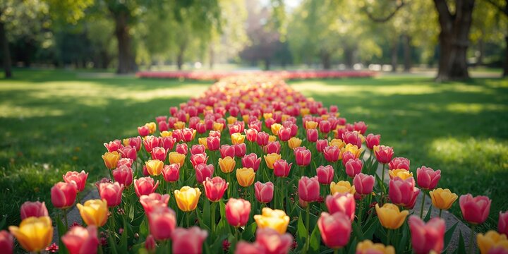 Spring tulip display in a park, ideal for seasonal floral layout, Earth Day
