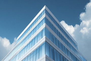 Modern commercial architecture sharp corner detail with reflective glass windows under blue sky with clouds, creating clean and professional atmosphere